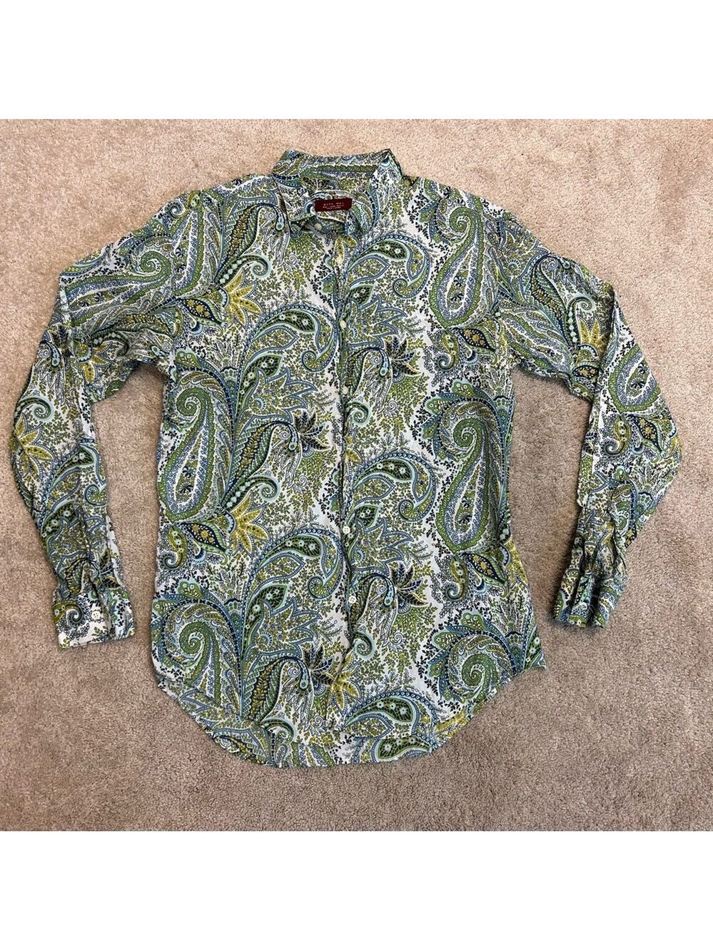 Zara men’s green blue paisley print tropical button down shirt long sleeve Sz L